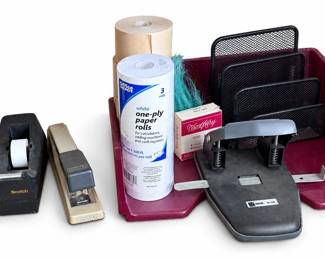 Office supply lot – paper shredder, Bostitch stapler, Scotch tape dispenser, file organizers | Lot 1084, bids start at $10