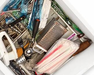 Kitchen utensil lot – hand mixer, grater, knives, ladles, storage containers | Lot 1033, bids start at $10