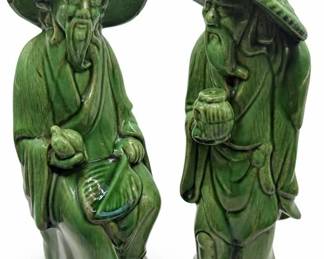 Pair of green glazed pottery figures – bearded men in hats, seated & standing ceramic figurines | Lot 1005, bids start at $15