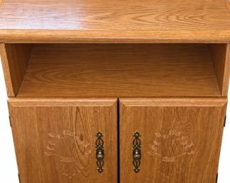 Oak finish cabinet / console – open shelf, 2 doors, ornate pulls | Lot 1072, bids start at $25