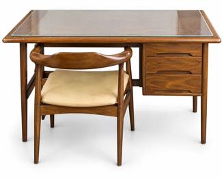 Desk & armchair – pedestal desk with drawers, curved wood-frame armchair with padded seat | Lot 1087, bids start at $50