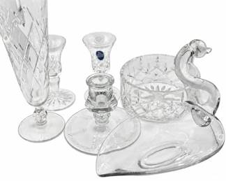 Clear glass lot – Royal Doulton Crystal candleholder, etched footed bowls, swan dish, candle holders | Lot 1021, bids start at $15