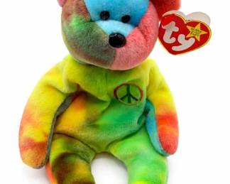 Ty Beanie Baby Peace bear – tie-dye Ty teddy bear, heart tag reads Beanie Baby | Lot 1112, bids start at $10
