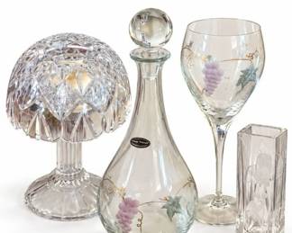Glass decanter & goblet with grapes, cut glass dome, etched vase | Lot 1126, bids start at $10