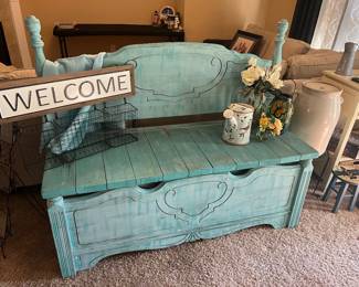 Garden Bench and Decor, Vintage Crock with Lid