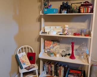White Lean-to-Wall Shelf, Wigs, Books