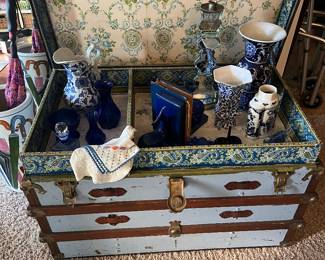 Vintage Wood Chest with Decorative Paper Lining, Chinoiserie