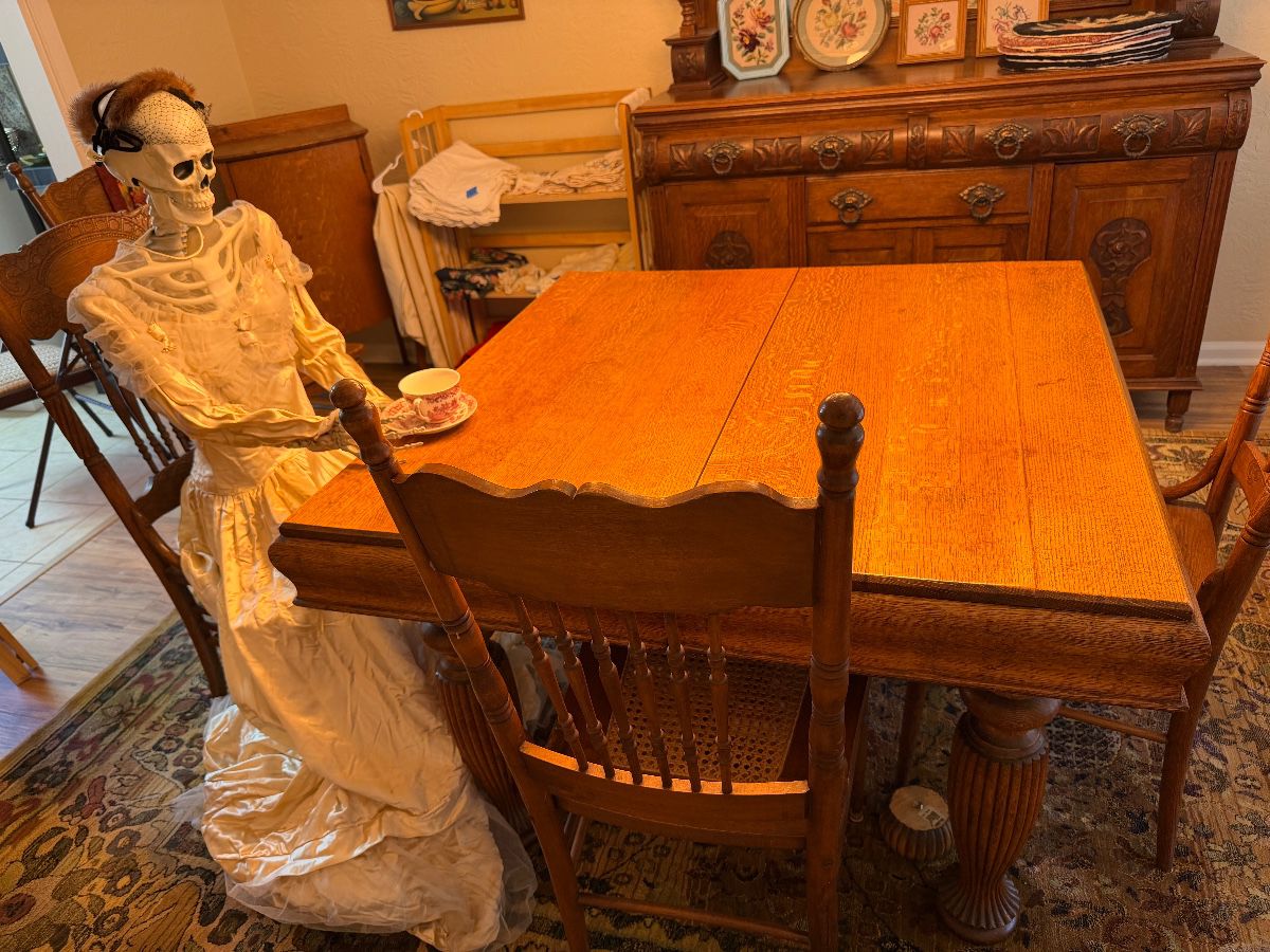 Square golden pork dining table, with two pop-up leaves; carved oak Edwardian sideboard; oak press-back chairs with good cane seats