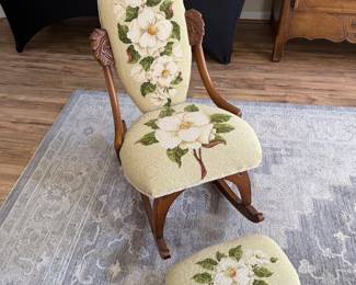 sewing rocker, magnolia needlepoint upholstery