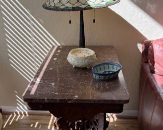Victorian eastlake side table, marble top; stained glass table lamp
