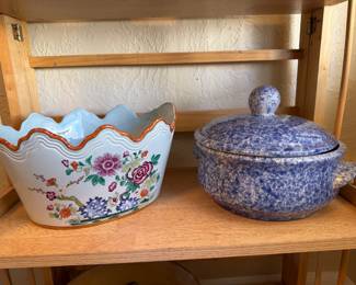 Lowestoft repro (left), blue spatterware covered dish