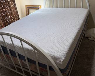 full size bed, painted iron frame, newer memory foam mattress set