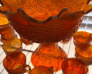 Fenton "Orange Tree" punch bowl and cups