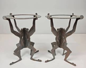 Lot 155  Pair of Vintage Metal Dancing Frog Plant Stands  Decorative Orb Holders  10 Tall