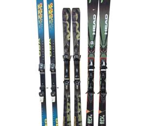 Lot 138  Lot of 3 Pairs Downhill Snow Skis with Bindings  K2, Fischer  Head REV
