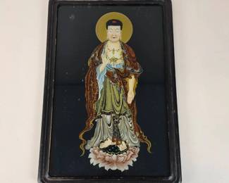 Lot 179  Asian Buddha Wall Art Plaque with Lotus Flower  Ornate Black Frame