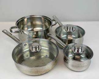 Lot 111  Maitre Chef Stainless Steel Pots  Pans Cookware Set with Glass Lids  7 Pieces