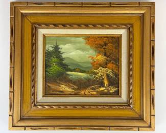 Lot 167  Vintage Framed Landscape Oil Painting  Autumn Trees, Mountain Stream  Ornate Gold Frame