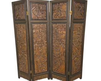 Lot 103  Vintage Asian Carved Wood 4Panel Folding Room Divider Screen  Ornate Oriental Scenes
