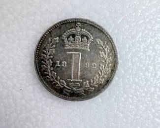 Lot 213  Antique 1892 British Queen Victoria Silver Maundy OnePenny Coin