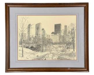 Lot 023  Sandra Finkenberg Vintage Lithograph  Central Park NYC Winter Scene  Framed