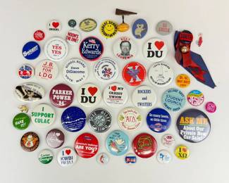 Lot 147  Vintage Pinback Button Collection  Political Campaigns, DU, Advertising  Novelty Pins