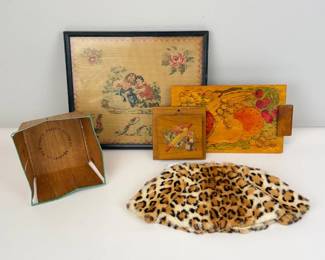 Lot 115  Vintage Bits  Bobs Lot  Framed Needlework, Painted Wood Dcor, Basket  Fur Doll Coat