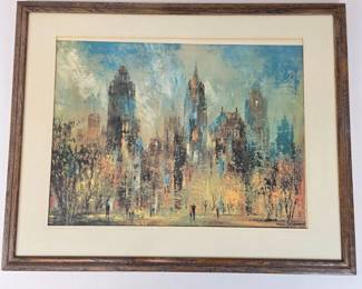 Lot 176  Vintage Framed Color Lithograph  Impressionist City Skyline  Urban Landscape