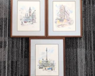 Lot 031  Set of 3 Jan Korthals Framed London England Lithographs  Big Ben, Tower Bridge  Trafalgar Square
