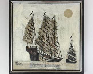 Lot 171  Vintage Signed Thomas Asian Junk Sailboat Acrylic Painting  Framed Nautical Maritime Art