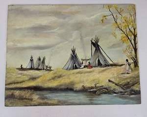 Lot 193  Vintage 1980 Original Painting on Board  Native American Tipi Encampment Landscape  Signed