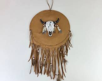 Lot 101  Southwestern Native AmericanInspired Buffalo Skull Shield Wall Hanging  Fringe, Beads  Feathers