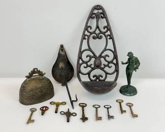 Lot 125  Antique  Vintage Metal Curiosities Lot  Hanging Oil Lamp, Skeleton Keys, Cast Iron  Figurine