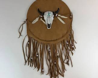 Lot 100  Southwestern Native AmericanInspired Buffalo Skull Shield Wall Hanging  Fringe, Beads  Feathers