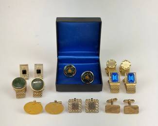 Lot 145  8 Pair Vintage Mens Cufflinks Collection  Gold Tone, Blue Rhinestones  Novelty Designs