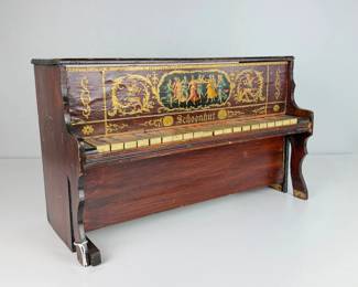 Lot 037  Antique Schoenhut Wooden Toy Upright Piano  Lithographed Dancing Figures  For Restoration