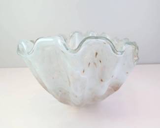 Lot 022  Vintage White Opaline Art Glass Ruffled Bowl with Brown Speckled Accents
