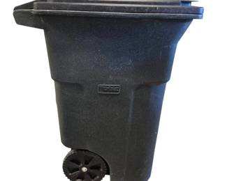 Lot 195  Toter 64 Gallon Wheeled Trash Can with Hinged Lid  Black Rolling Garbage Bin