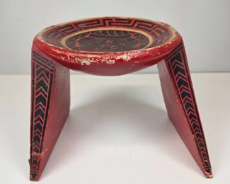 Lot 164  Vintage Painted Wooden Footed Bowl  Stand  Red  Black Geometric Folk Art Design