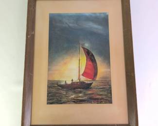 Lot 027  Framed Nautical Sailboat Artwork  Red Sail at Sunset