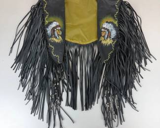 Lot 098  Vintage Western Black Leather Fringe Vest  Shoulder Cape  Hand Painted Native American Artwork  Beaded Fringe