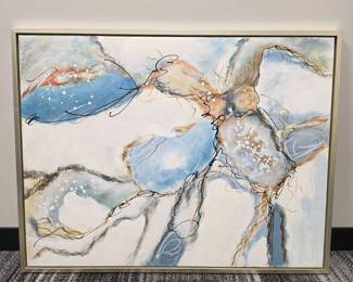 Lot 203  Large Contemporary Abstract Painting  Blue, White  Gold Modern Framed Wall Art