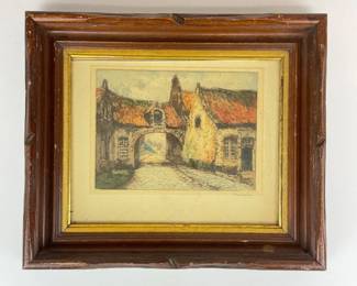 Lot 168  Antique Adriaan Van Doorn Signed Color Etching  European Village Street Scene c. 1900  Framed Art