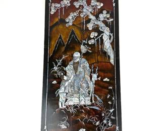 Lot 180  Vintage Asian Mother of Pearl Inlaid Lacquer Wall Panel  Sage, Deer  Landscape