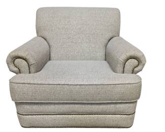Lot 104  Upholstered Oversized Armchair with Rolled Arms, Nailhead Trim  Removable Wood Feet  Gray  Cream