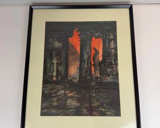 Lot 188  Vintage 1965 Architectural Ruins Cityscape Artwork  Signed Morris  Framed