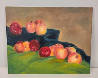 Lot 207  Original Still Life Painting on Canvas  Red  Golden Apples  Signed Bassin