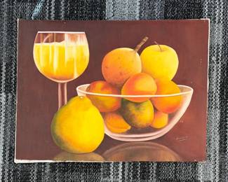Lot 026  Signed Nieves 05 Original Still Life Oil Painting  Fruit  Wine Glass