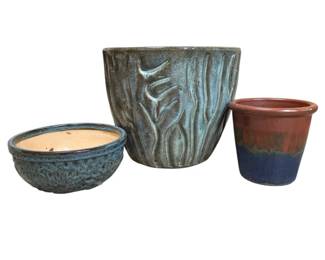 Lot 096  Set of 3 Decorative Glazed Ceramic Planters  Flower Pots  Blue Green  Earth Tones