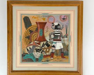 Lot 173  Signed Silversmith NavajoStyle Sand Painting  Kachina Figure, Pottery  Baskets  Framed